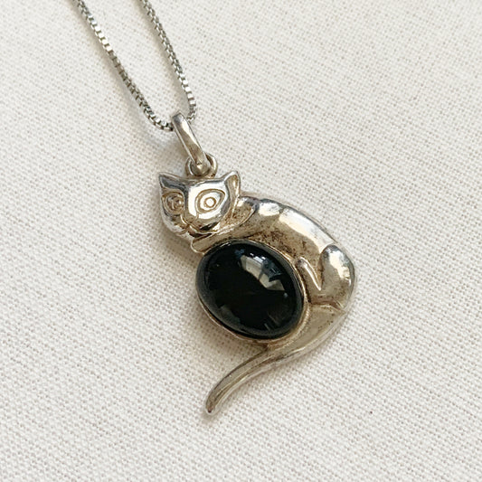 Vintage Sterling Silver Cat Necklace with Onyx Gemstone