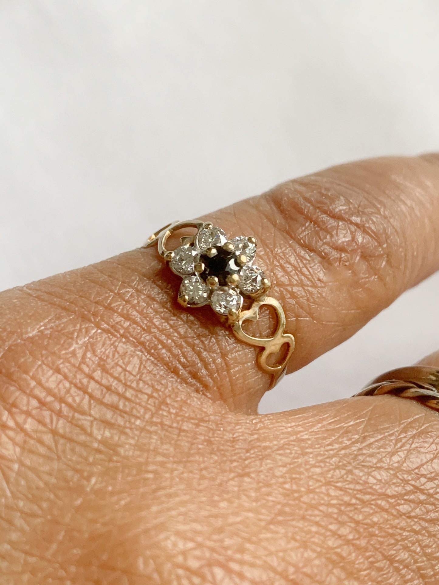 Vintage 9ct Gold Sapphire and CZ Heart Cut Out Ring