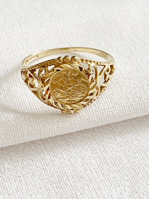 Vintage 9ct Gold Medallion Coin Ring