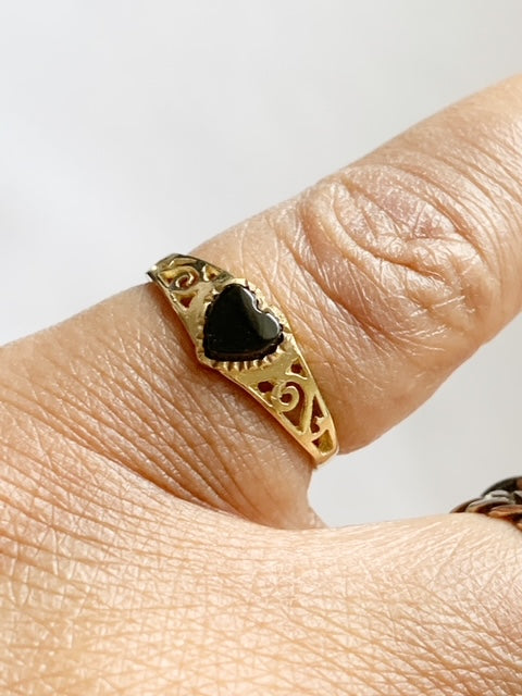 Vintage 9ct Gold Onyx Heart Signet Ring 1994