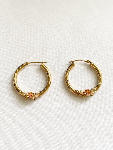Vintage 9ct Gold Floral Hoop Earrings