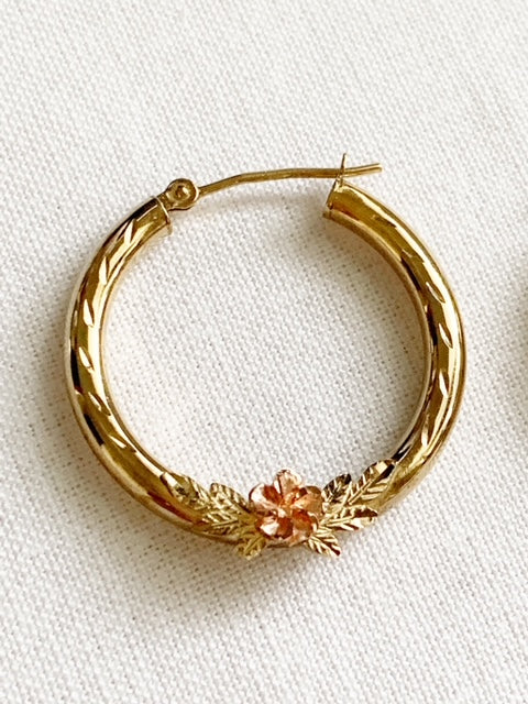 Vintage 9ct Gold Floral Hoop Earrings